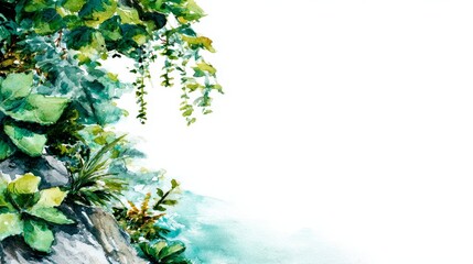 Vibrant watercolor painting of lush green foliage and plants growing on a rocky cliff with ample white copy space, showcasing natural beauty and fresh botanical elements.