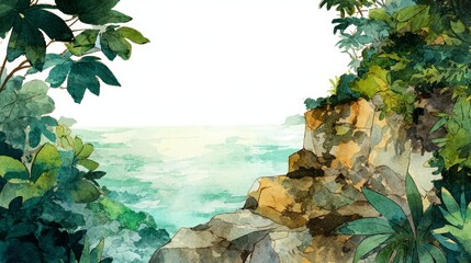 Watercolor illustration of a tranquil tropical sea view framed by lush green foliage and rocky cliffs.