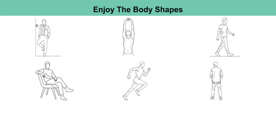 A set of five stick figure illustrations depicting various body shapes and poses in a simple style