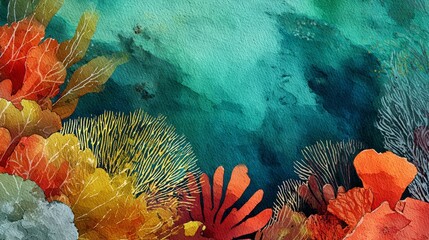 Vibrant watercolor illustration of a colorful underwater coral reef with diverse marine plants thriving in a clear blue ocean, showcasing artistic textures and copy space.