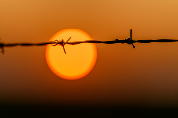A striking barbed wire silhouette against a beautifully vibrant setting sun at dusk