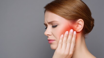 Young Caucasian woman grimacing from severe earache or jaw pain, indicated by a red inflamed area, against a neutral grey background.