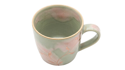 Empty ceramic tea mug with pastel green and pink glaze and gold floral pattern Isolated on Transparent Background