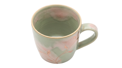 Empty ceramic tea mug with pastel green and pink glaze and gold floral pattern Isolated on Transparent Background
