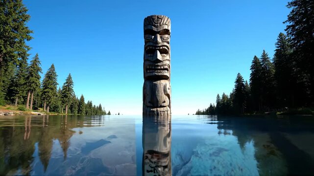 Carved totem pole reflected in calm water near forested shore