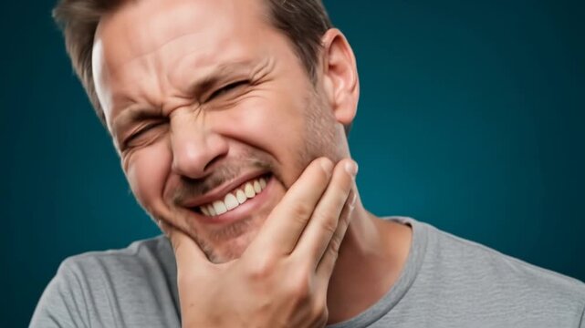 Man grimaces, holding his cheek and mouth in apparent discomfort or toothache