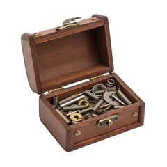 Antique wooden chest filled with assorted mechanical metal hardware and springs isolated on transparent