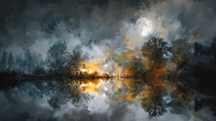 Fototapeta premium Impressionistic painting of a full moon reflecting on a tranquil lake surrounded by trees with warm autumn foliage under a dramatic, cloudy night sky.