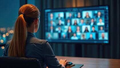 Woman attends online meeting on large screen with many people. Team collaborates remotely using video call. Discussing project ideas. Virtual communication tech.