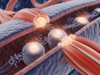 Detailed 3D render of adrenaline (epinephrine) binding to beta-adrenergic receptors (β1, β2, β3) on neurons and muscle cells. The interaction triggers an increase in heart rate and smooth muscle relax