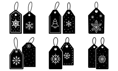 Black Christmas Gift Tags with Snowflakes and Holiday Decorations on White Background