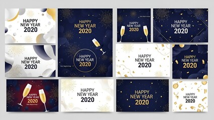 Collection of elegant happy new year 2020 designs featuring fireworks and champagne glasses