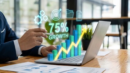 Businessman pointing at a growing digital bar chart with 75% Growth text and financial icons.