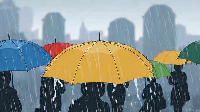This animated scene depicts numerous silhouetted individuals navigating a rainy urban environment, each holding a vibrant umbrella in hues of yellow, blue, red, and green. Heavy raindrops visibly spla