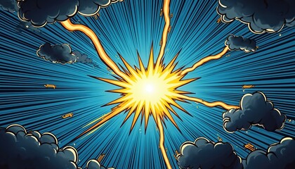 Explosion on blue sky with yellow burst energy. Dark clouds and lightning strikes radiate outwards from center. Comic style graphic art shows bright flash effect and flying debris.