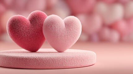 A pink podium with two heart-shaped, soft, and rounded shapes in the background, a valentine's day theme, 3d rendering, ideal for Valentine&rsquo;s Day, weddings, product display or love-themed event 