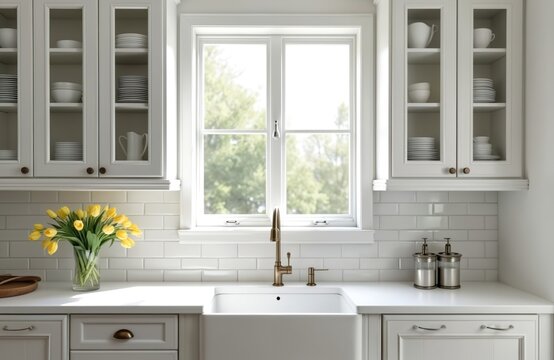 Clean white kitchen interior with farmhouse sink, brass faucet, and glass front cabinets filled with dishes. Sunny window view with yellow tulips adds warmth and life.