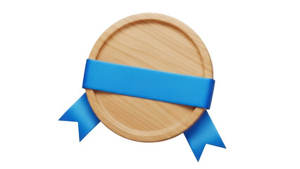 Wooden award badge with blue ribbon isolated PNG on transparent background, achievement symbol for recognition and celebration