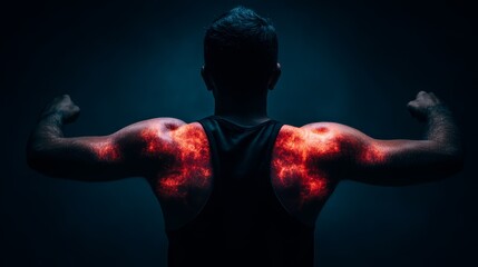 Man flexing his powerful arm and shoulder muscles, which emit a fiery red glow, against a dramatic dark background.