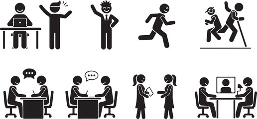 Collection of eight black and white stick figure icons for business and activity symbol silhouette
