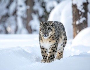 Fototapeta premium A snow leopard walks purposefully through the fresh, white snow
