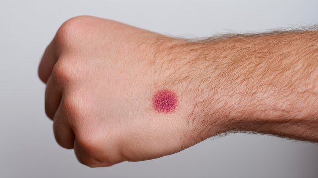 Close-up of a distinct red and purple bruise on the fair skin of a persons hand and lower forearm, suggesting a minor injury.