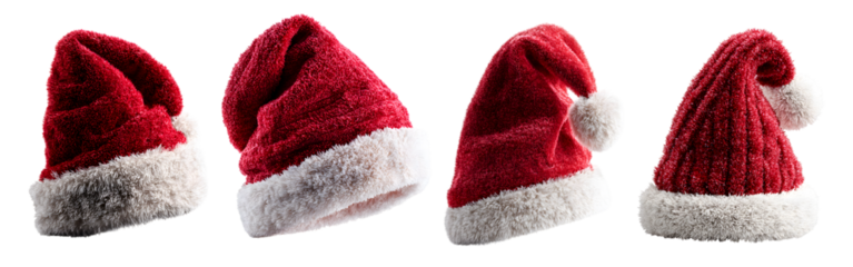 Set of four traditional red santa claus hats with white fur trim and pom pom isolated on transparent background festive christmas holiday season