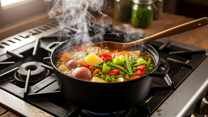 Hearty Vegetable Stew Simmering in a Pot on a Gas Stove, Steam Rising