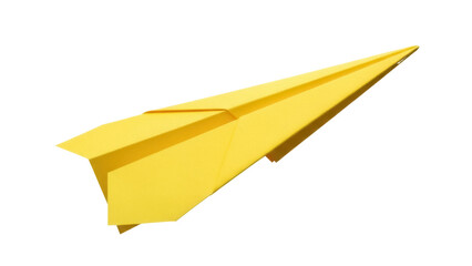Bright yellow paper airplane PNG isolated on transparent background, origami toy for kids and creative design projects