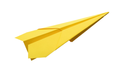 Bright yellow paper airplane PNG isolated on transparent background, origami toy for kids and creative design projects