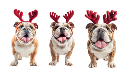 Three english bulldogs wearing red reindeer antlers looking happy and cheerful with their mouths open and tongues out on isolated background