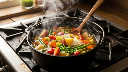 Steaming Pot of Fresh Vegetables Soup Cooking on Gas Stove