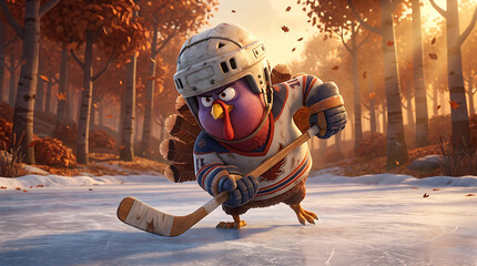 Turkey sport cartoon character in autumn park