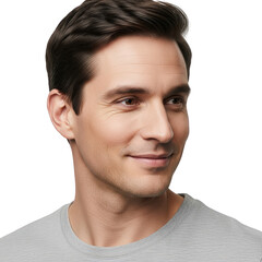 Obraz premium Portrait of a smiling young man with brown hair and grey t-shirt on black background