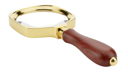 Magnifying glass with golden frame and wooden handle isolated PNG, search tool for reading and investigation on transparent background