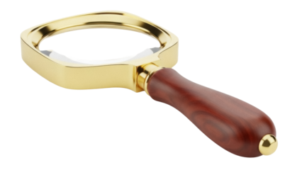 Magnifying glass with golden frame and wooden handle isolated PNG, search tool for reading and investigation on transparent background