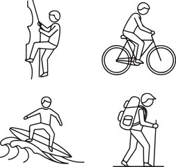 Fototapeta premium Set of four outdoor adventure icons in outline style Keywords: rock climbing, mountain climber, cycling, bicycle, surfer, surfing, waves, hiking
