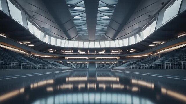 Modern airport terminal with empty reflective floor and steel beams.