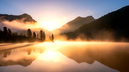 Serene sunrise over misty lake surrounded by mountains