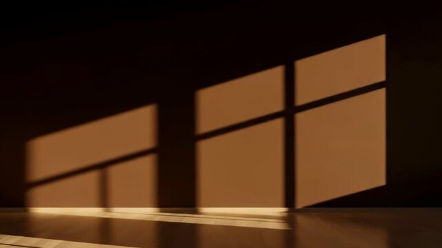 Warm sunlight streams into a room, projecting evolving, geometric shadows from a window frame onto a clean interior wall and light wooden floor. This serene visual captures the peaceful passage of tim