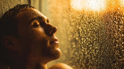 Moisture clings to the glass as a man finds peace in the warm embrace of a morning shower.