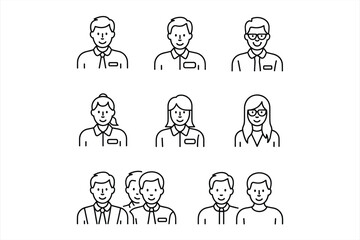 Line Art Icons of Diverse People in Business Attire and Casual Wear Keywords: people, person, man, woman, male, female, icon