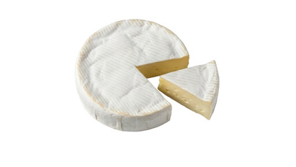 Brie cheese wheel with a slice isolated PNG on transparent background, creamy dairy product for gourmet food and culinary design