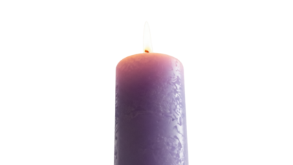 Burning purple candle isolated PNG on transparent background, wax cylinder with flame for decoration and religious use