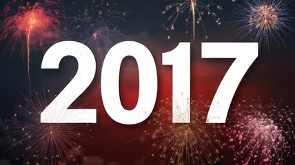 Colorful fireworks celebration marking the year 2017 with vibrant bursts festive atmosphere night vector illustration design