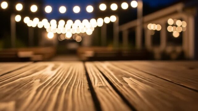 Warm string lights illuminate a textured wooden table surface at night, creating bokeh