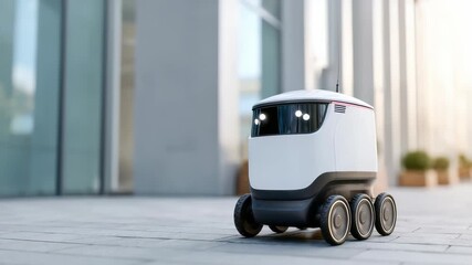 Compact delivery robot navigates urban environment, showcasing innovation in contactless delivery services. Advanced robotics, artificial intelligence enable efficient, secure transportation goods