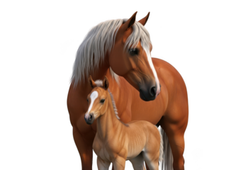 Chestnut mare and foal isolated on transparent background