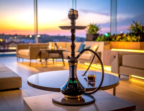Modern hookah on a table, sunset view from a high-rise lounge