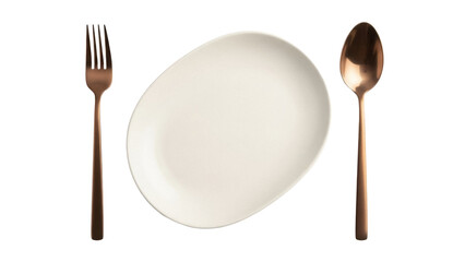Elegant copper fork, plate, and spoon isolated PNG, modern tableware set for dining and kitchen design on transparent background